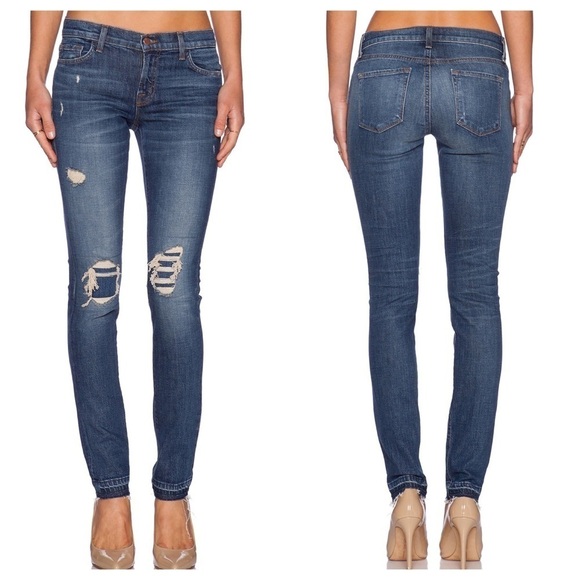 J Brand Ellis Mid Rise Distressed Skinny Jean in Villain Blue 28 - Picture 1 of 9